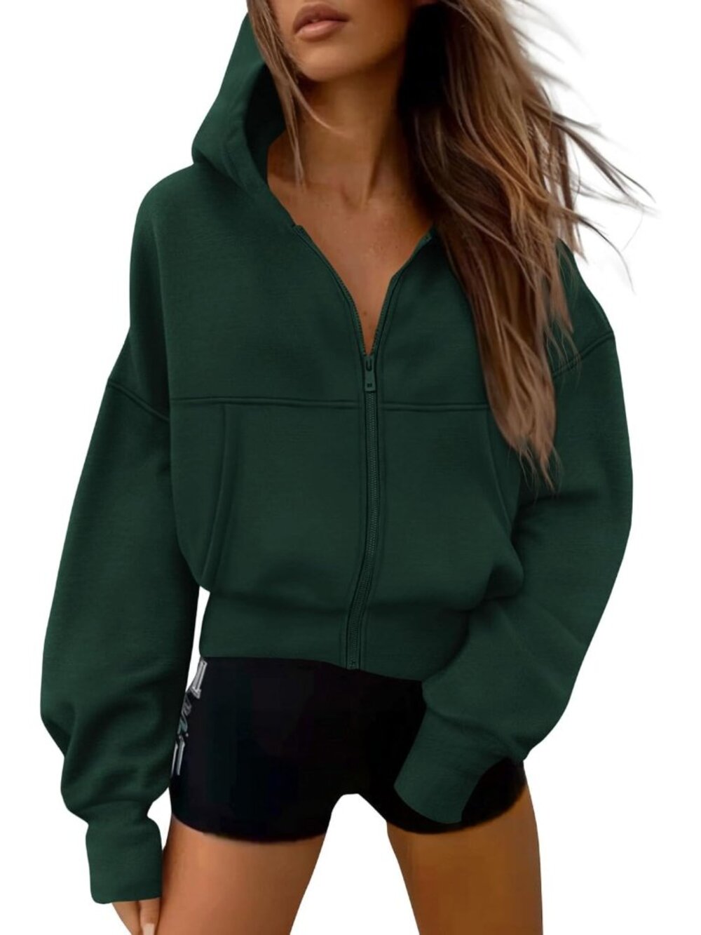 Women Dark Green Long Sleeve Zip Up Hoodie Casual Fall Fleece Sweatshirt Jacket